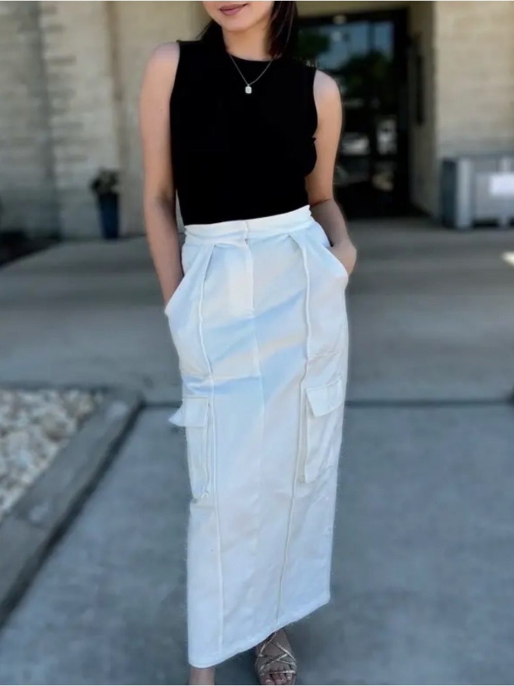 White Cargo Midi Skirt with Utility Pockets